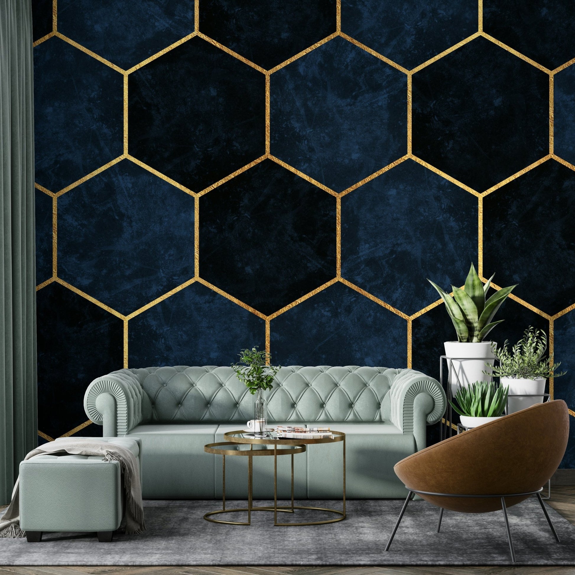 Sophisticated midnight blue wall mural with hexagon shapes.

