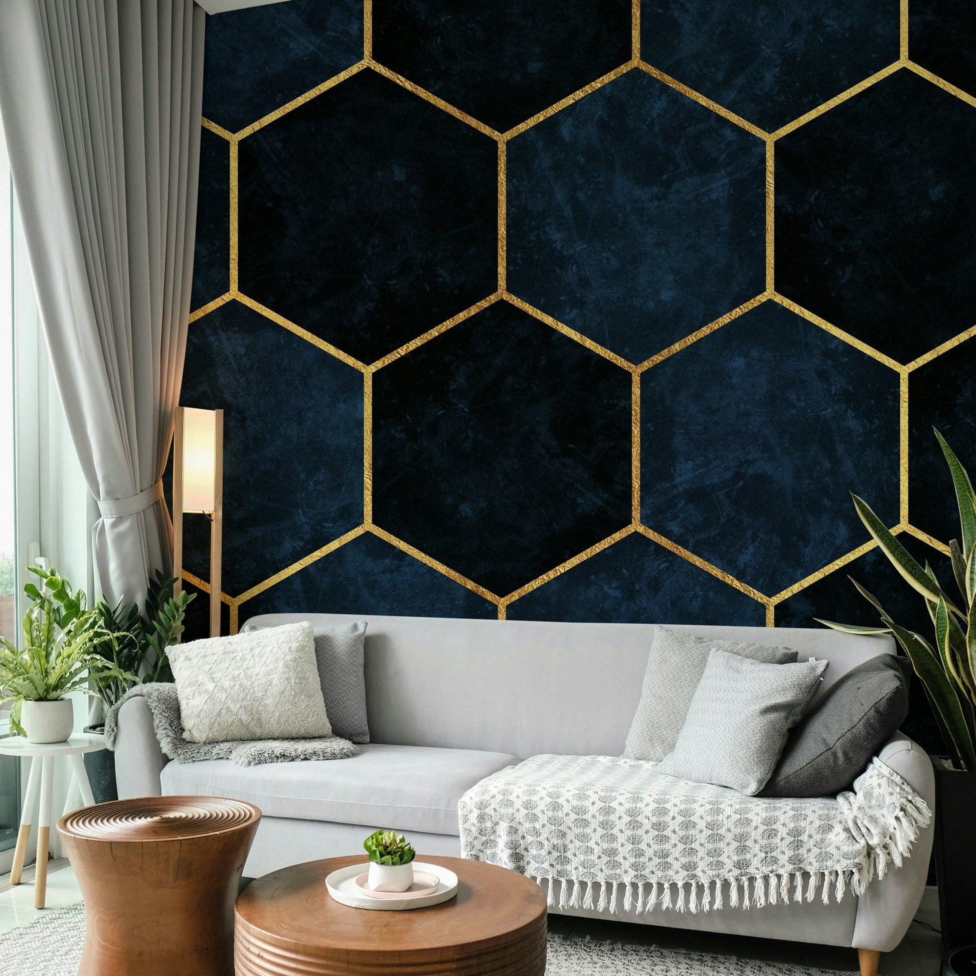 Elegant hexagon pattern wall mural in blue and metallic tones.

