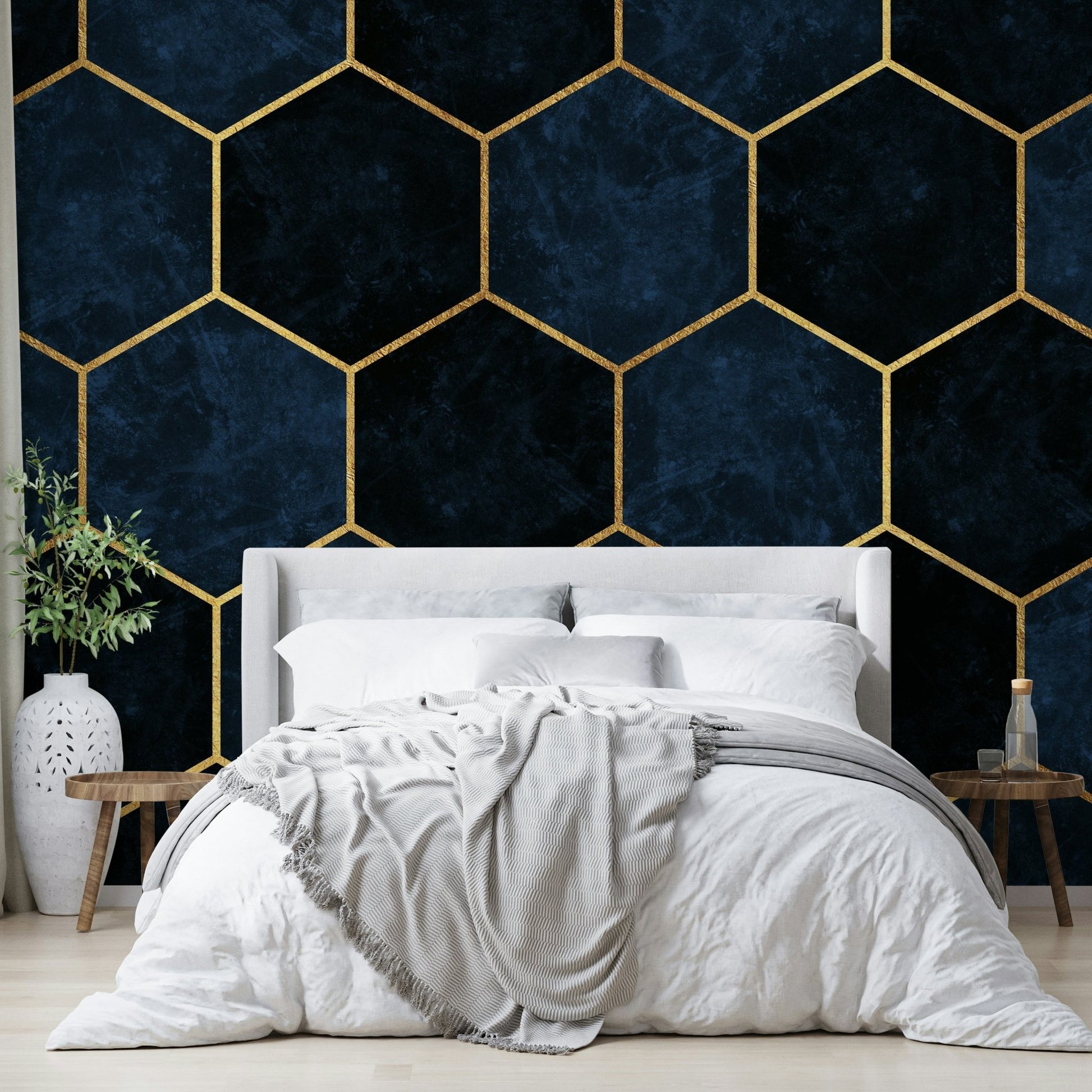 Luxurious midnight blue hexagonal mural for a chic, modern space.


