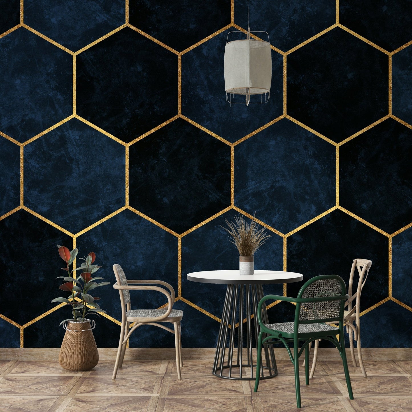 Elegant geometric hexagon pattern mural in midnight blue.

