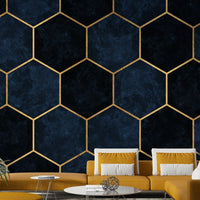 Dark and elegant midnight blue hexagon mural for modern rooms.

