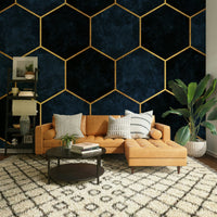 Sophisticated blue hexagon wall mural with metallic highlights.

