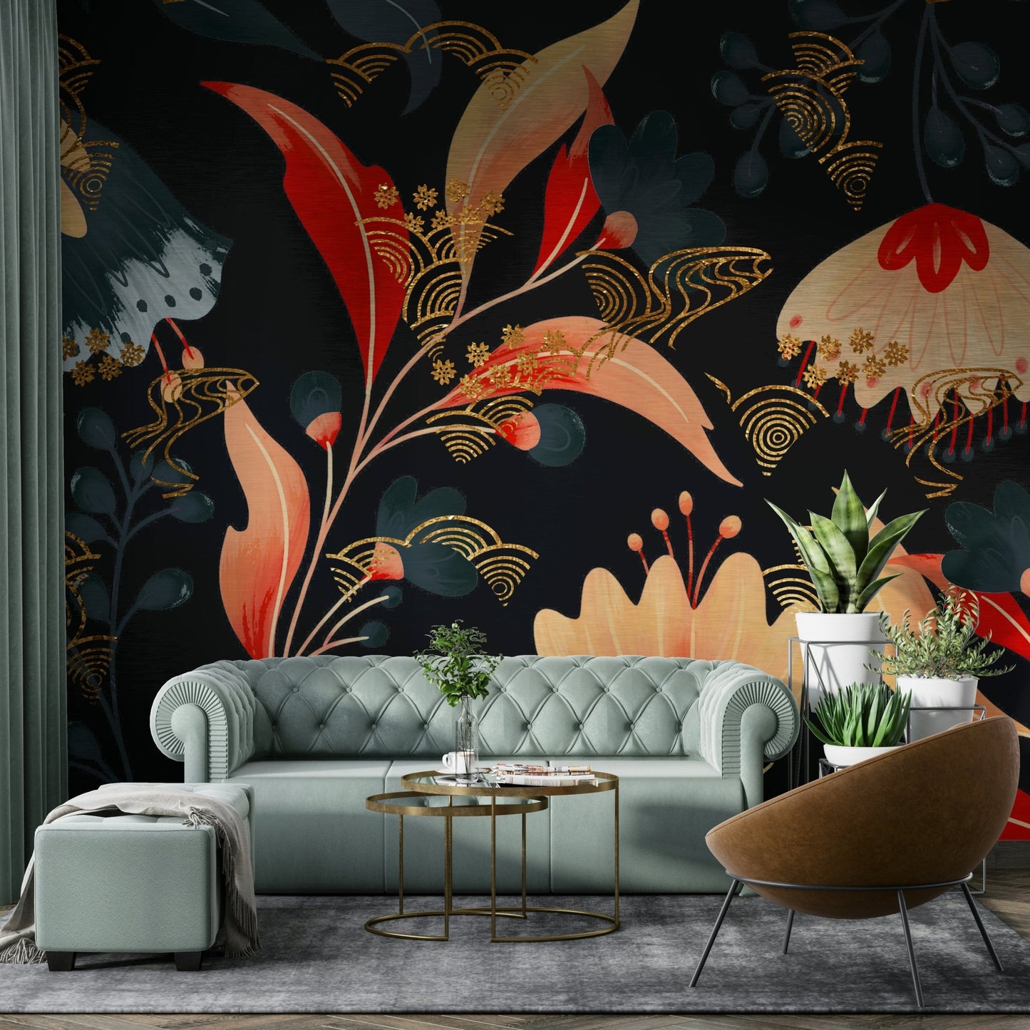 Dark floral pattern with rich, deep colors.
