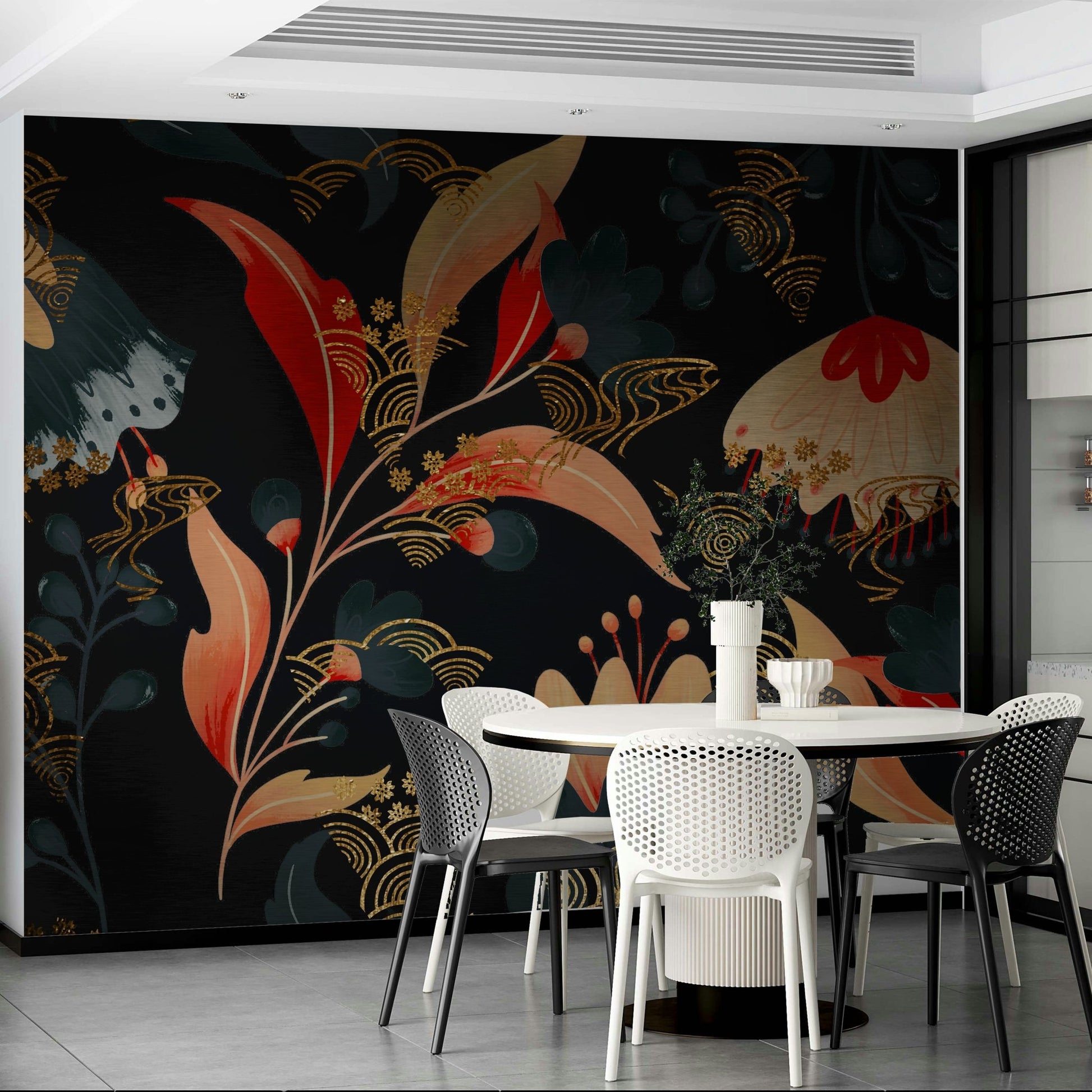 Artistic rendering of a nocturnal flower garden.
