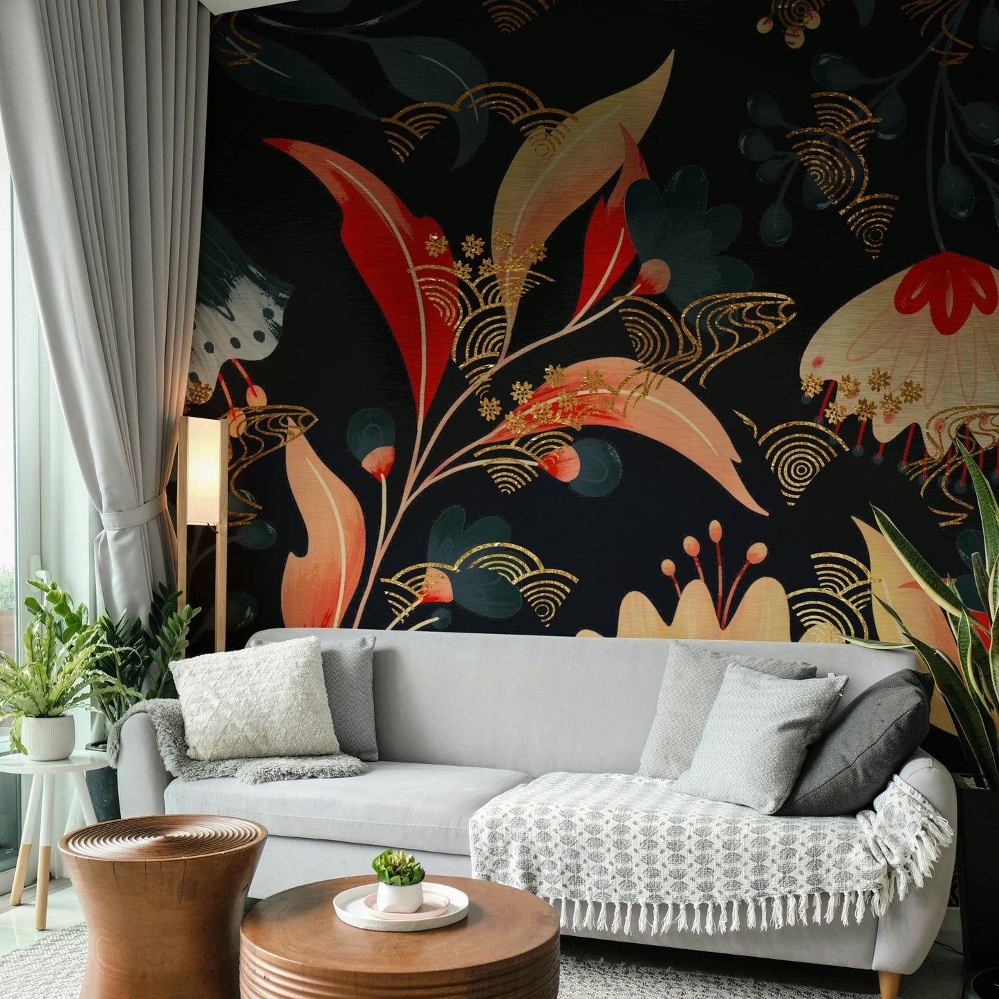 Luxurious display of blooming flowers at night.
