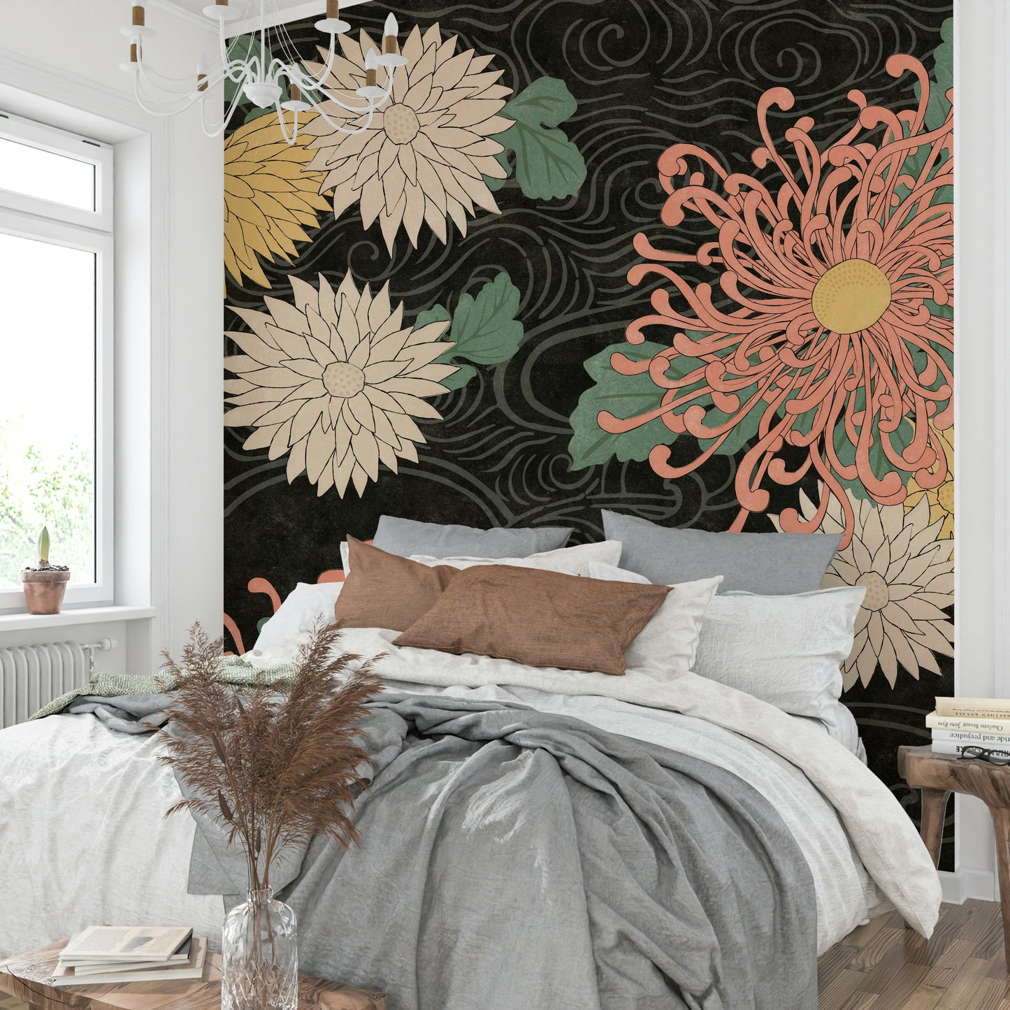 Japanese-inspired floral mural with dark, moody background.

