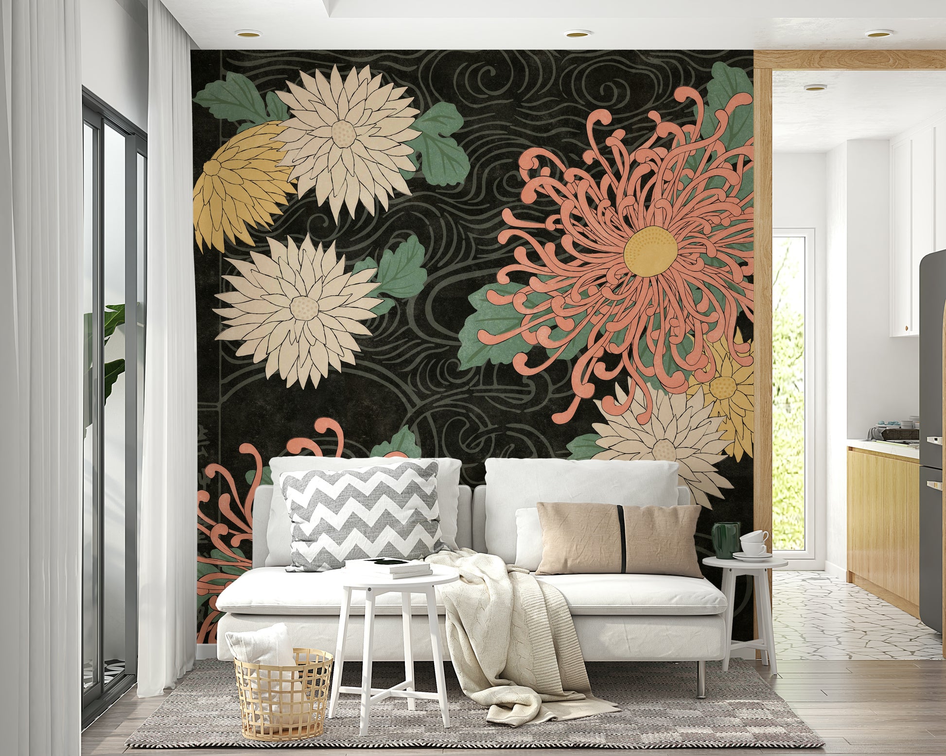 Midnight Chrysanthemums Japanese Print Wall Mural with floral design.

