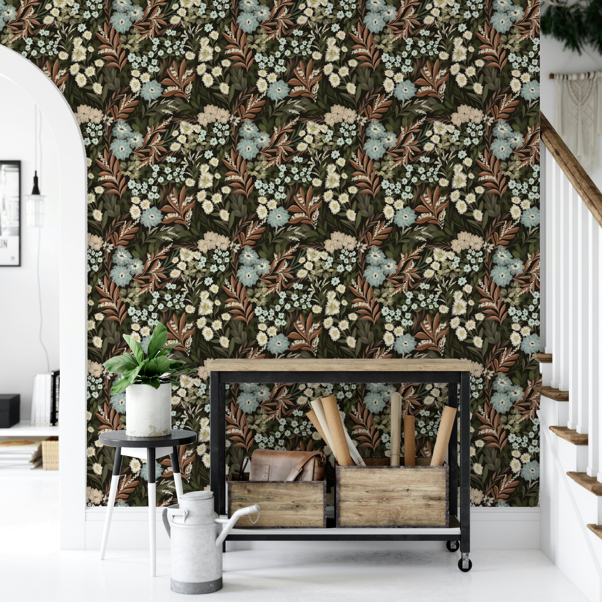 Mysterious midnight forest wallpaper with blooming flowers

