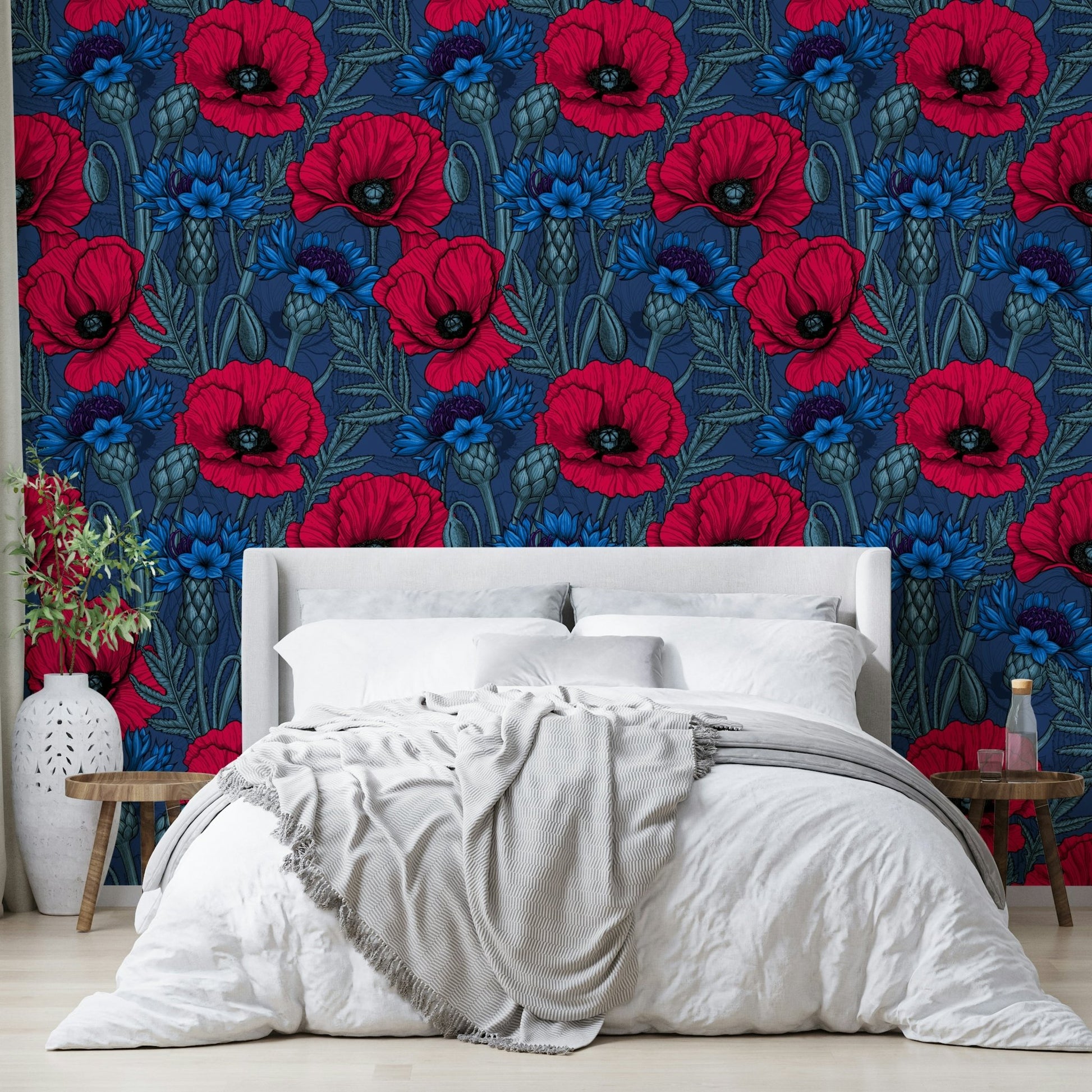Bedroom wall covered in rich floral mural wallpaper

