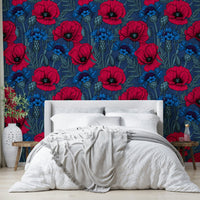Bedroom wall covered in rich floral mural wallpaper

