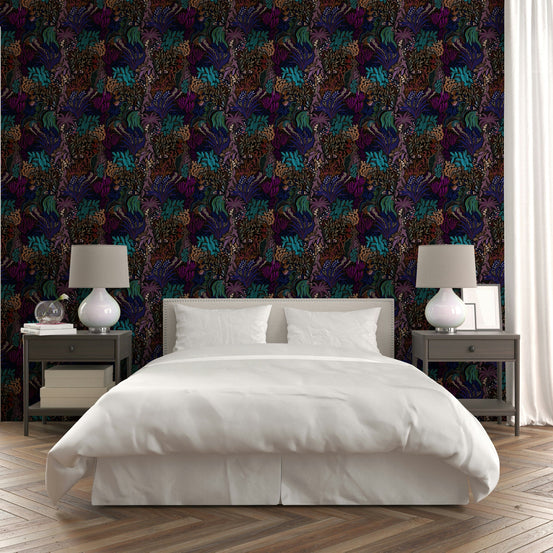 An artistic dark botanical mural for home decor.

