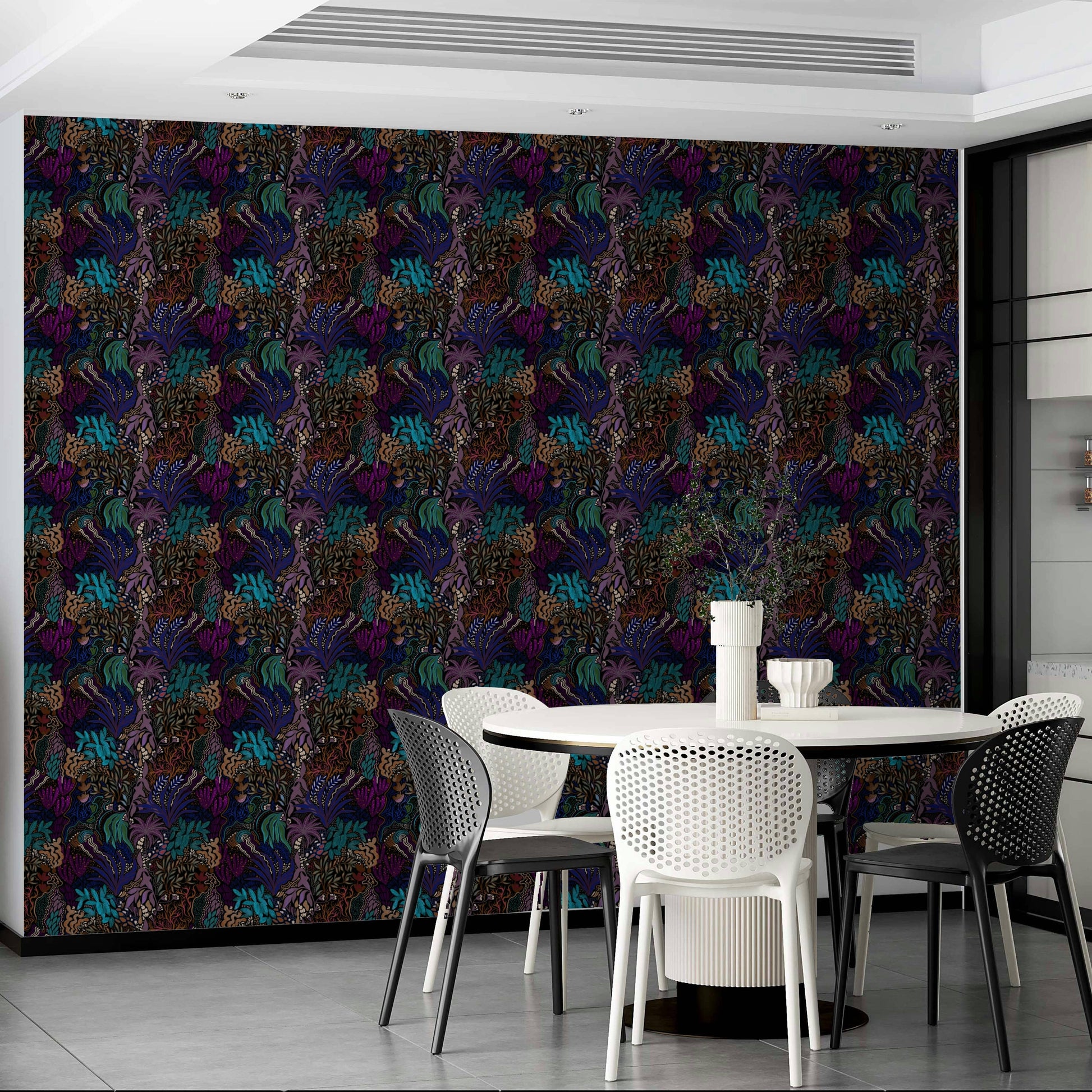 A peaceful abstract jungle mural on decorative wallpaper.

