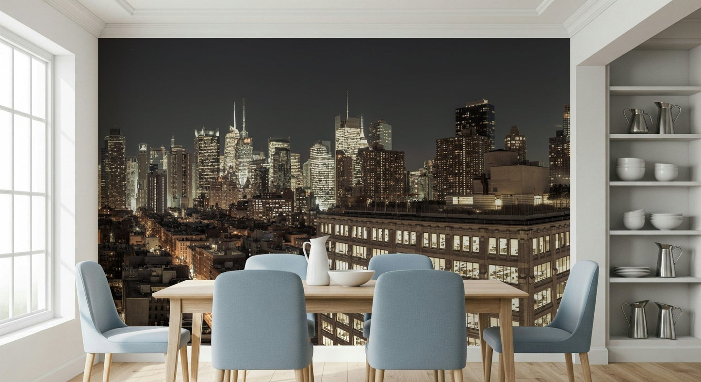 Panoramic wallpaper Midnight skyline cityscape tower illumination.