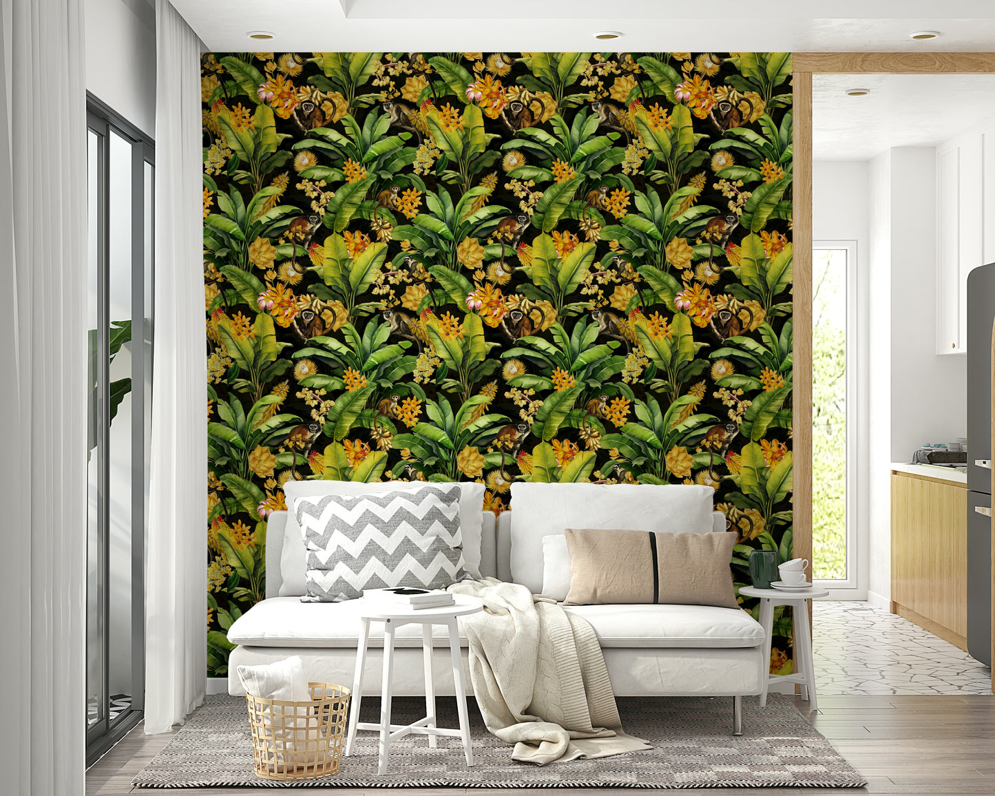 Tropical jungle wallpaper featuring monkeys on a moody, midnight blue canvas.

