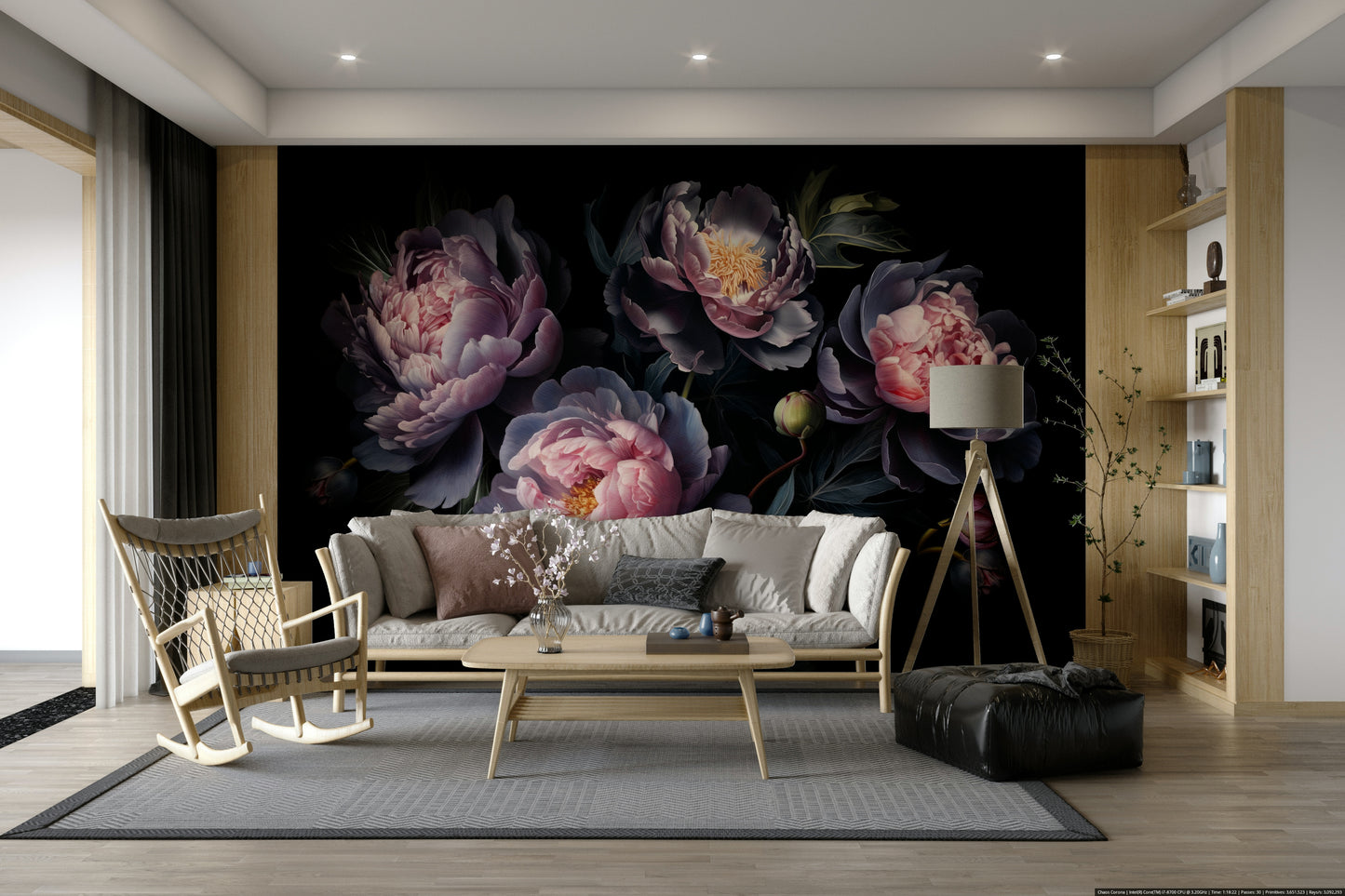 Hand-painted peony mural wallpaper

