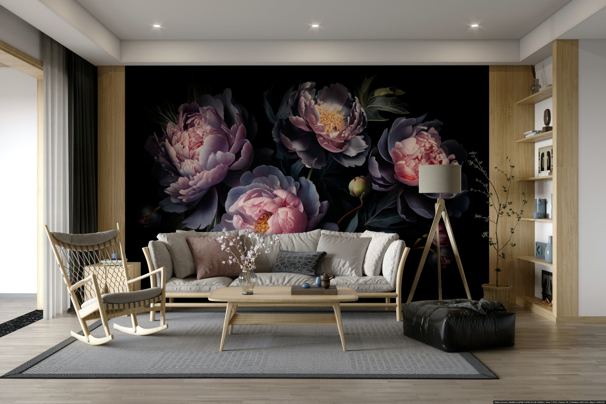 Hand-painted peony mural wallpaper

