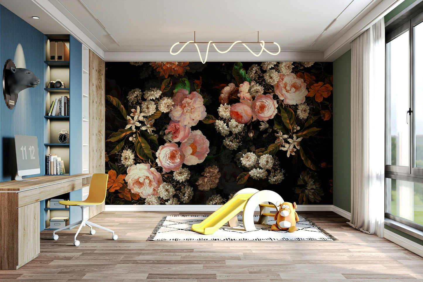 A botanical wallpaper with dark flowers.