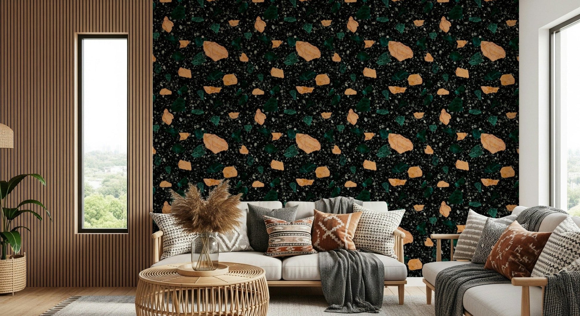 Dark Midnight Stone Terrazzo wallpaper pattern geometric chips.