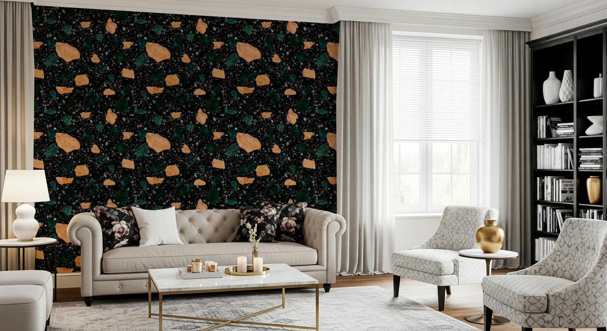 Art Deco Terrazzo wall mural vibrant mineral fragments.