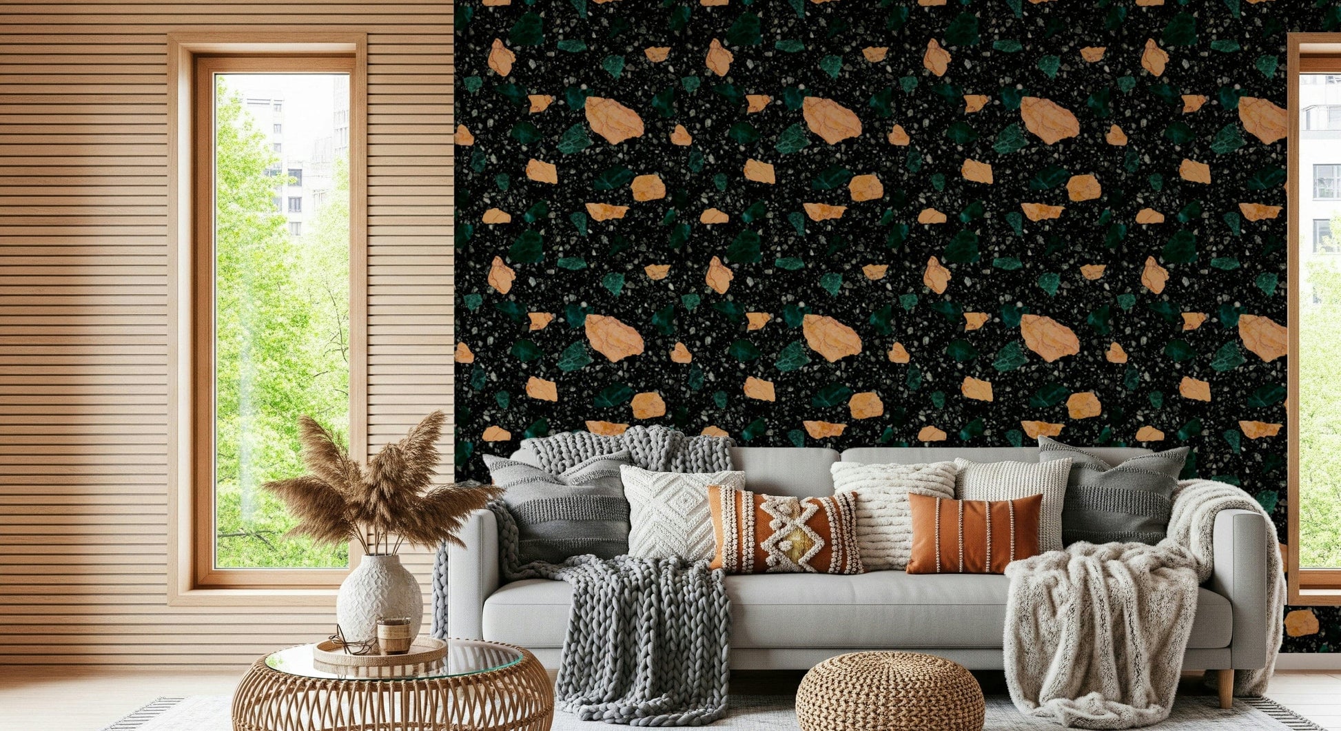 Modern graphic Terrazzo wall mural stylish black background.