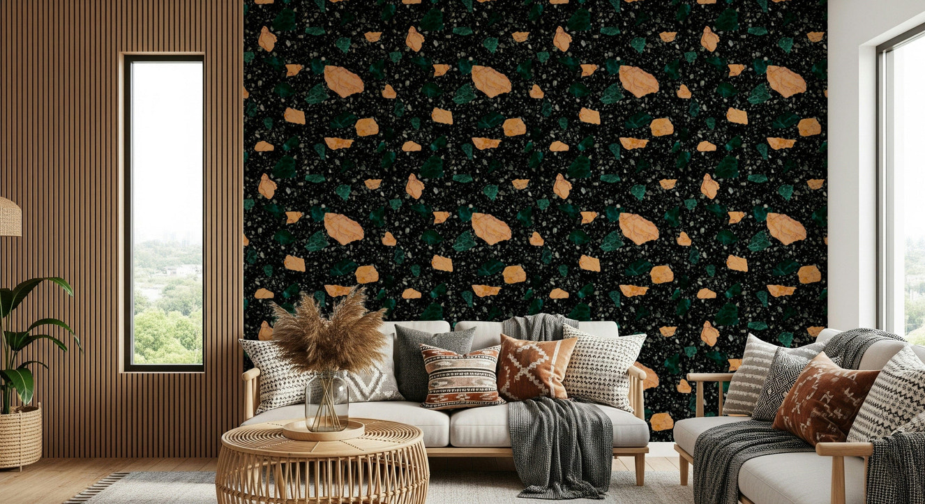 Dark Midnight Stone Terrazzo wallpaper pattern geometric chips.
