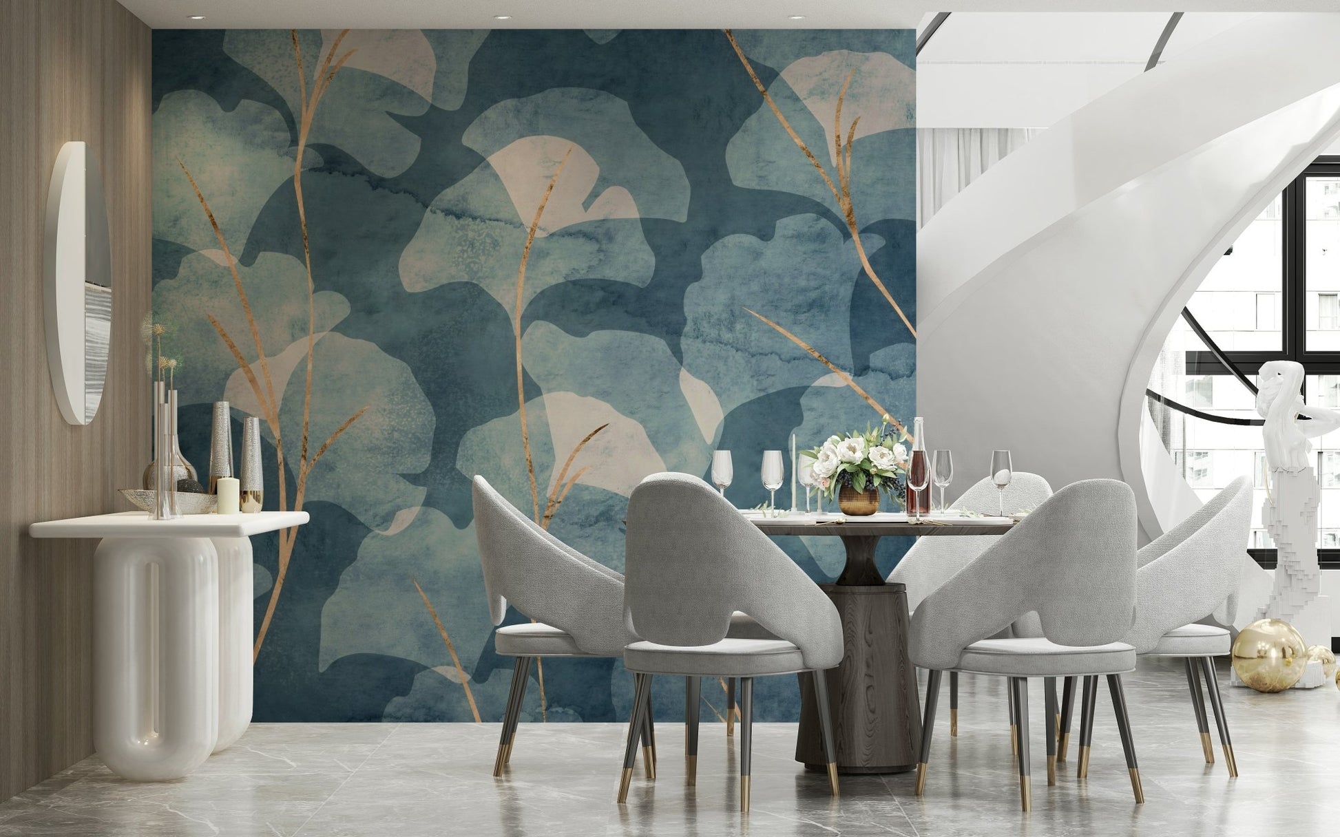 Textured Midwinter Gingko Cyanotype peel and stick wallpaper print.