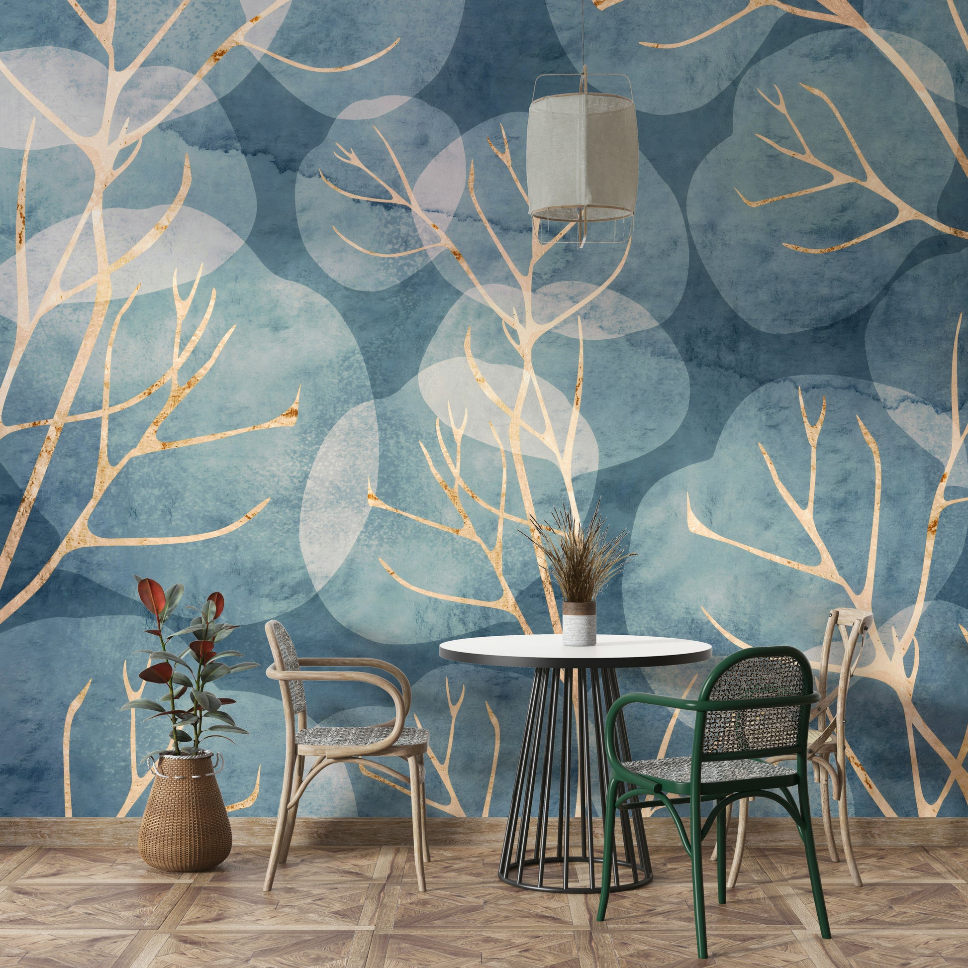 Nature-themed Midwinter leaf mural in calming cyanotype blue.

