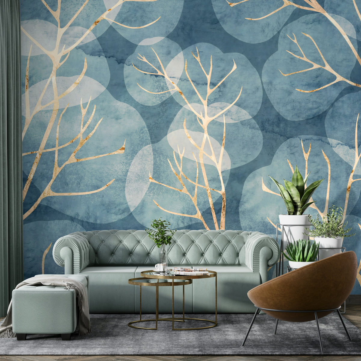 Midwinter Leaf - Cyanotype Wall Mural with blue leaf design.

