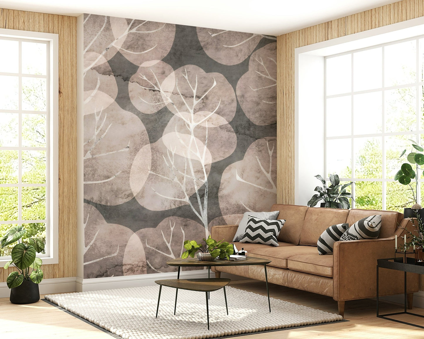 Misty winter foliage Midwinter Leaf pewter blush wall mural.
