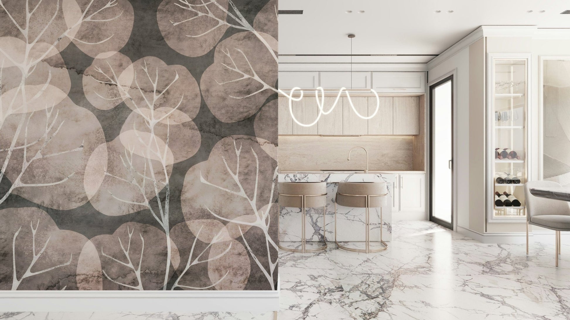 Delicate branch patterns Midwinter Leaf pewter blush wallpaper mural.
