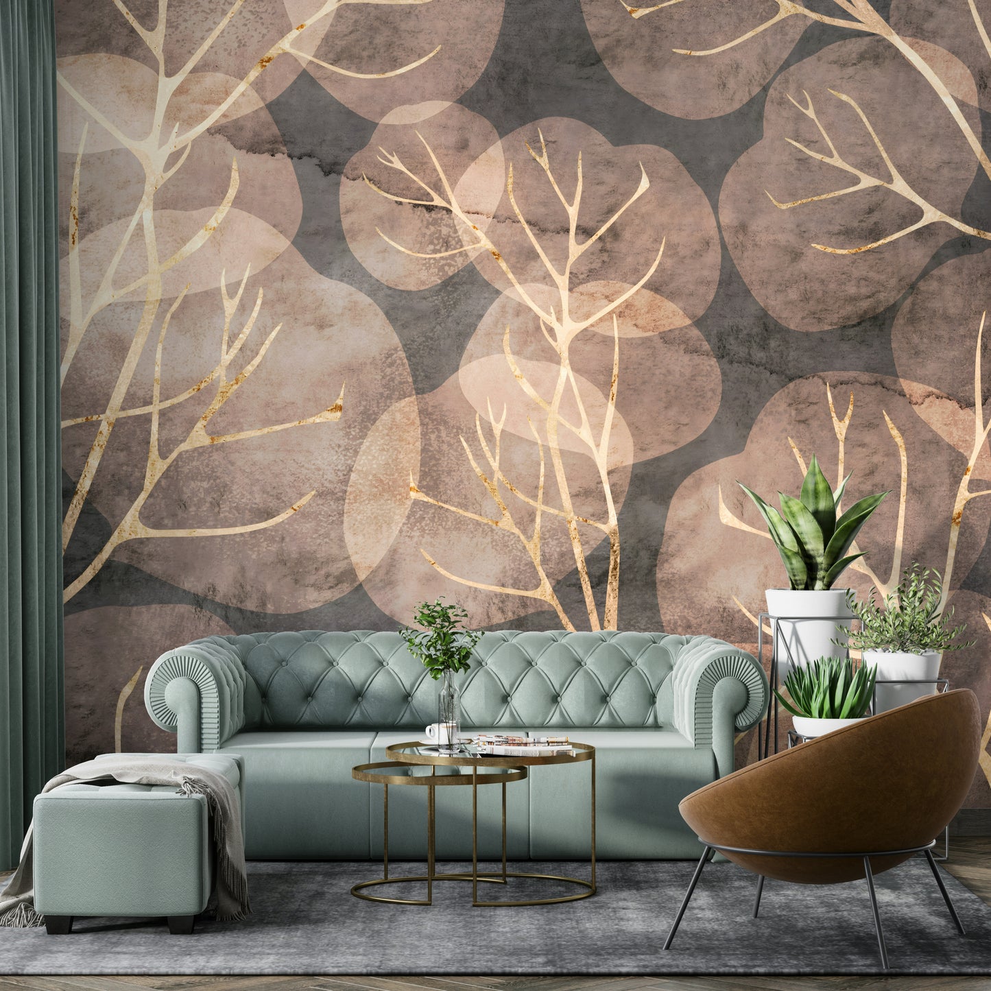 Sepia wall mural featuring delicate winter leaf motifs.

