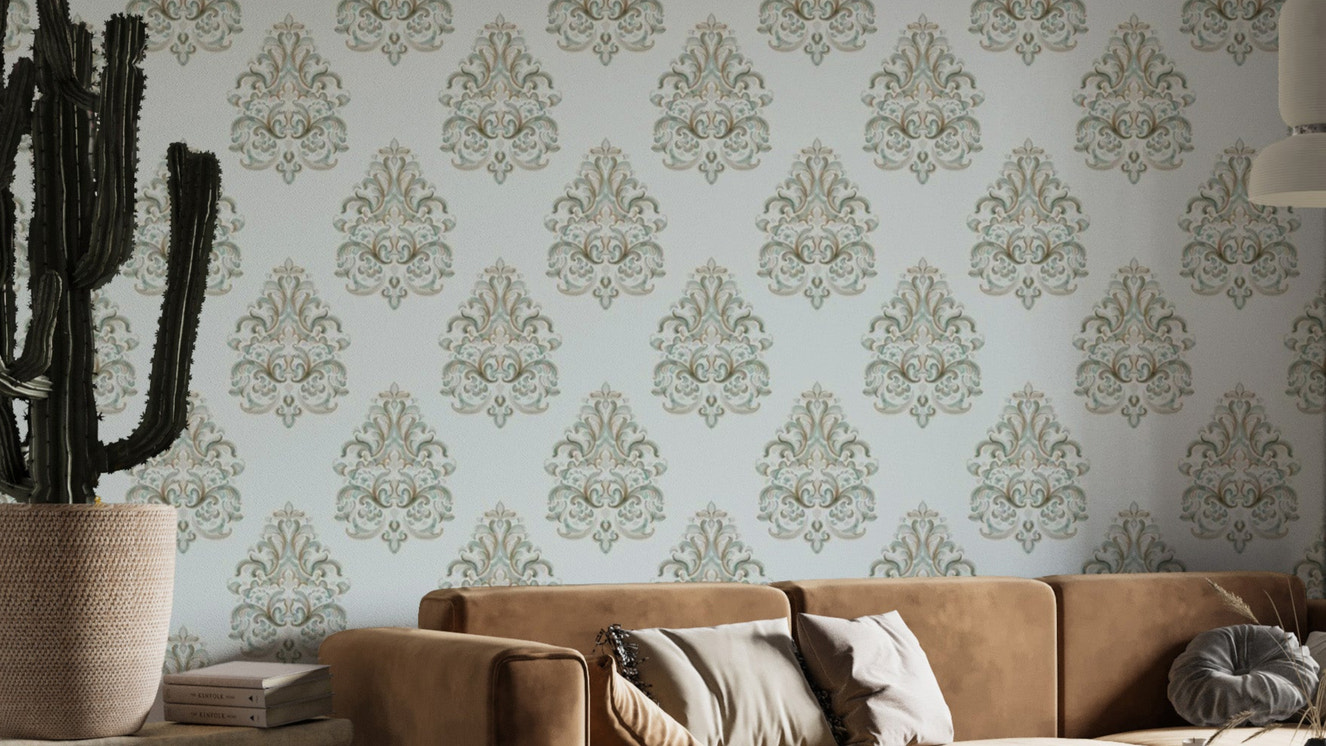 Elegant vintage damask wallpaper mural in lush green tones.