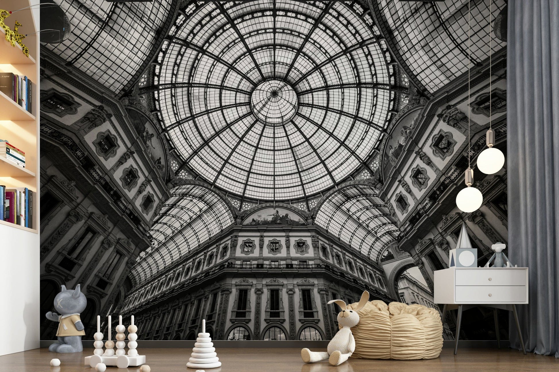 Vaulted arch wall mural in bedroom, modern furniture, stone-toned neutral colours.