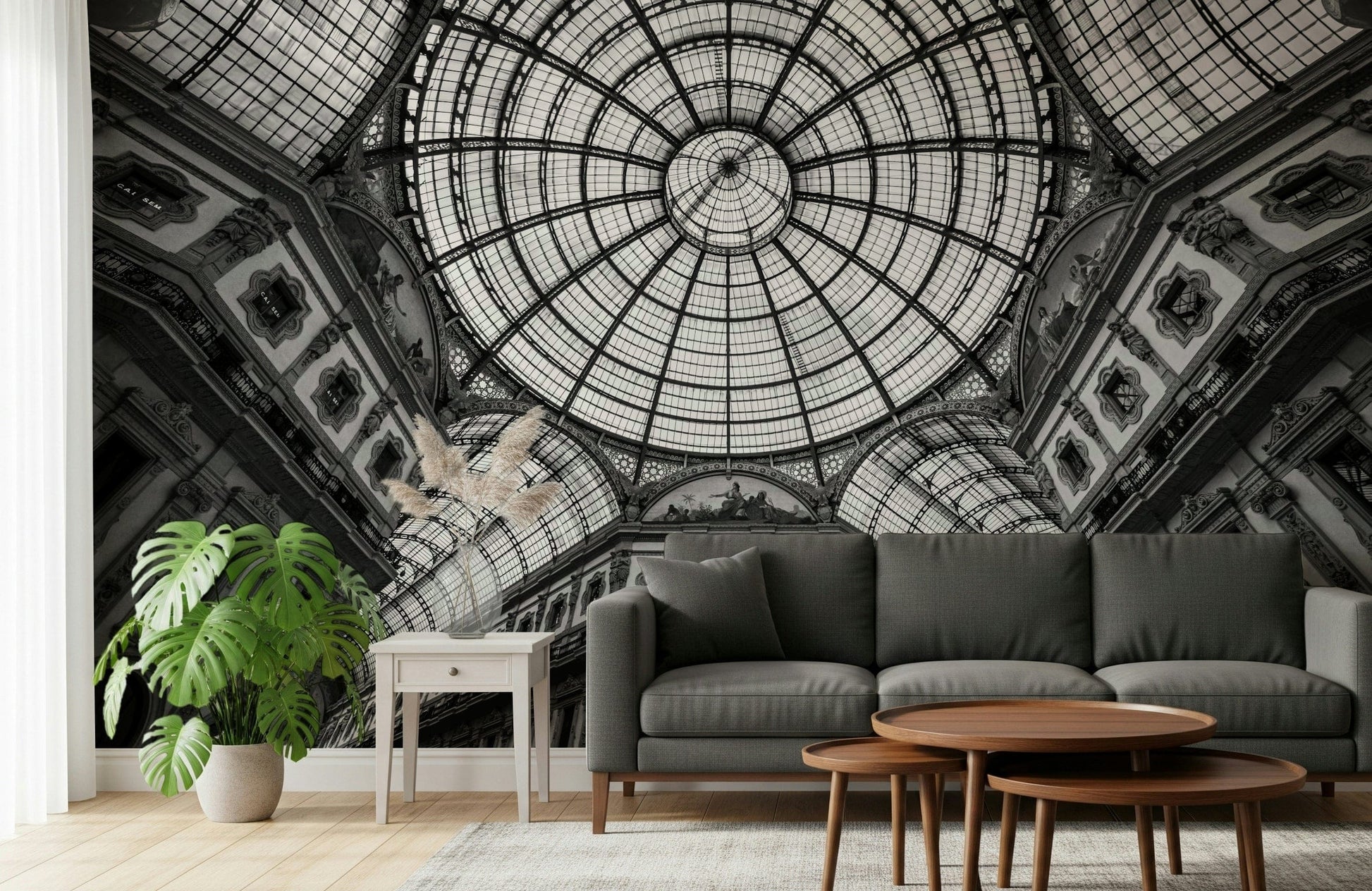 Italian arch design mural in apartment-style dining area, muted colours, contemporary furniture