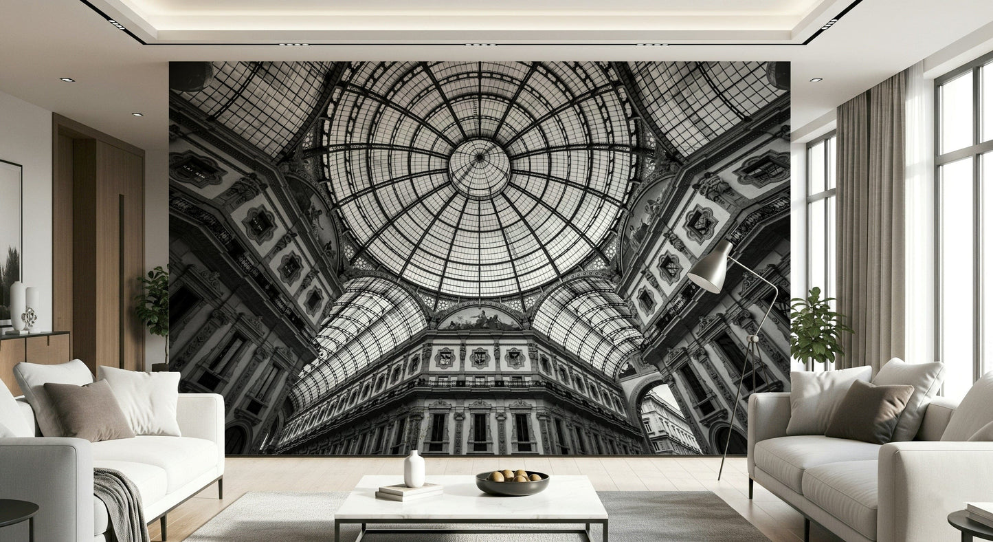 Architectural vaulted corridor mural in bedroom, soft neutral colours.