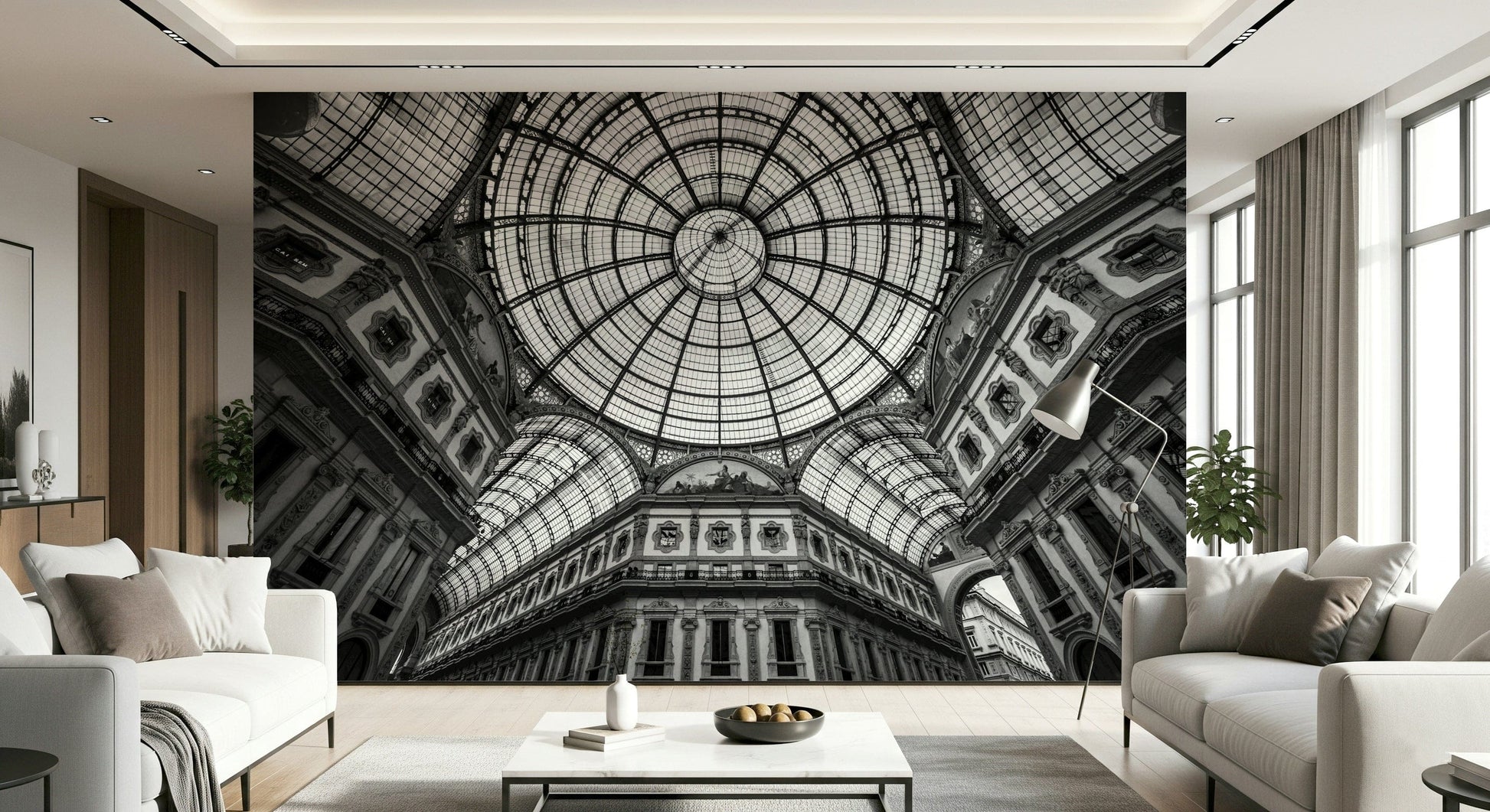 Architectural vaulted corridor mural in bedroom, soft neutral colours.