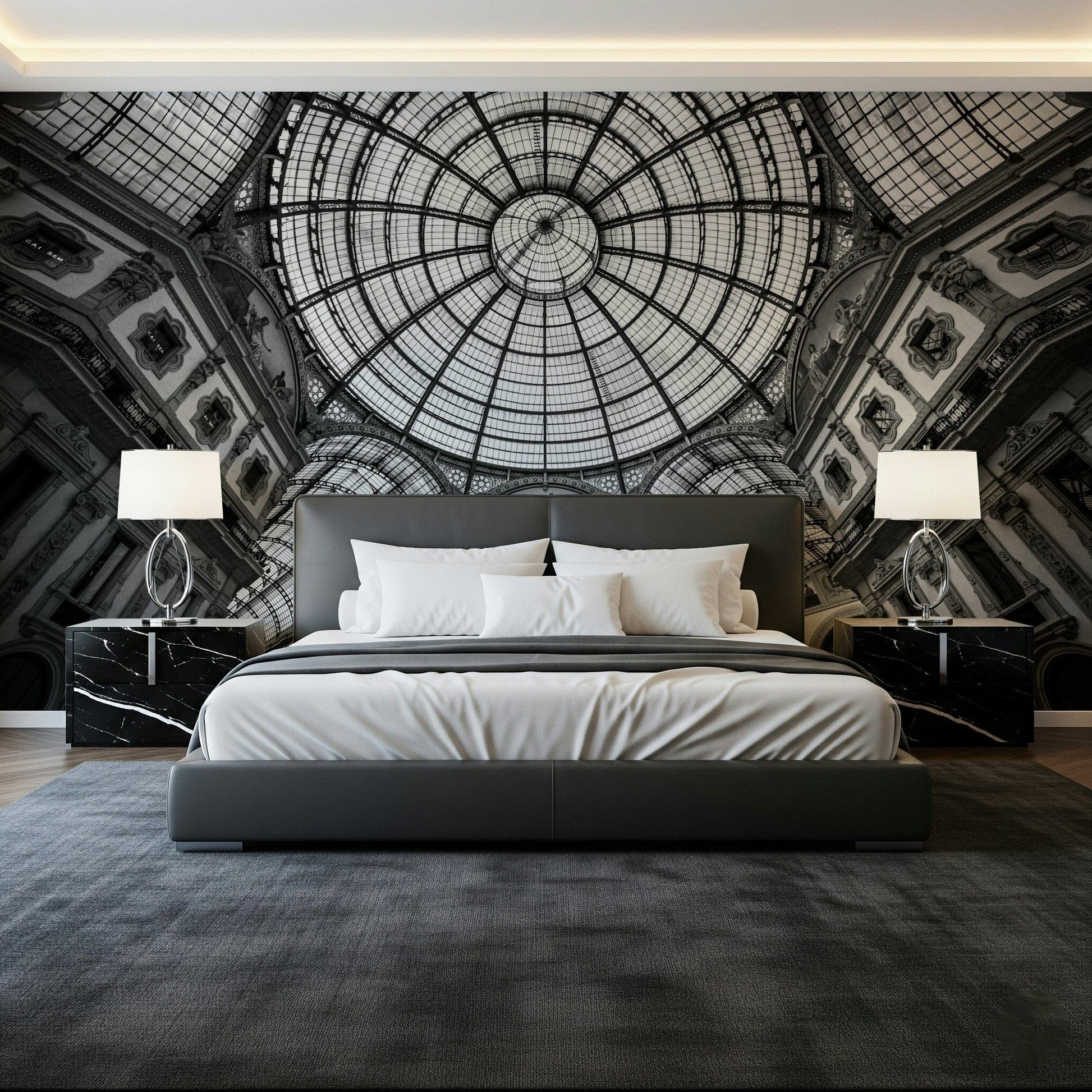 Milan arch mural in reading nook, cosy chair styling, neutral colour wall backdrop.