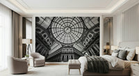 Arched ceiling mural in entry area, minimalist console, soft beige and grey colours.