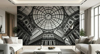 Architectural vaulted corridor mural in bedroom, soft neutral colours.