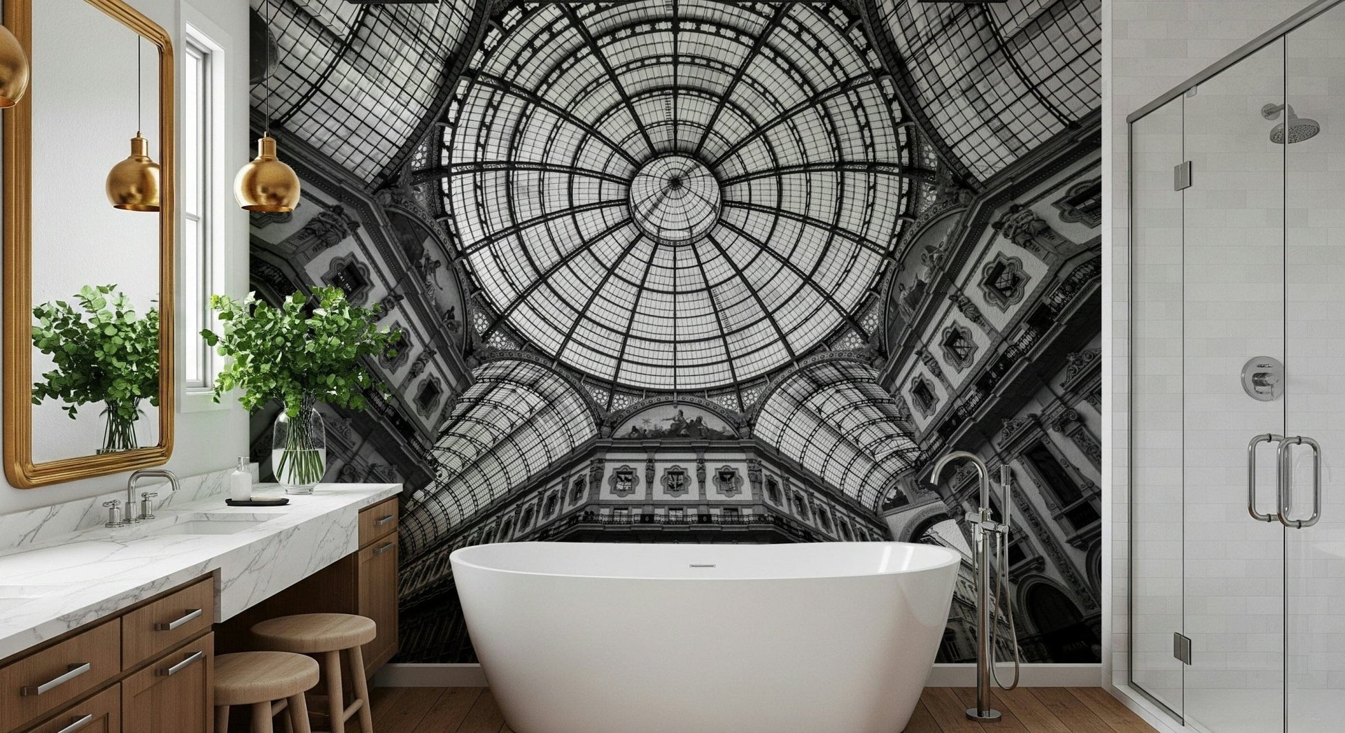 Milan vaulted arches wall mural in modern living space, neutral colour tones.