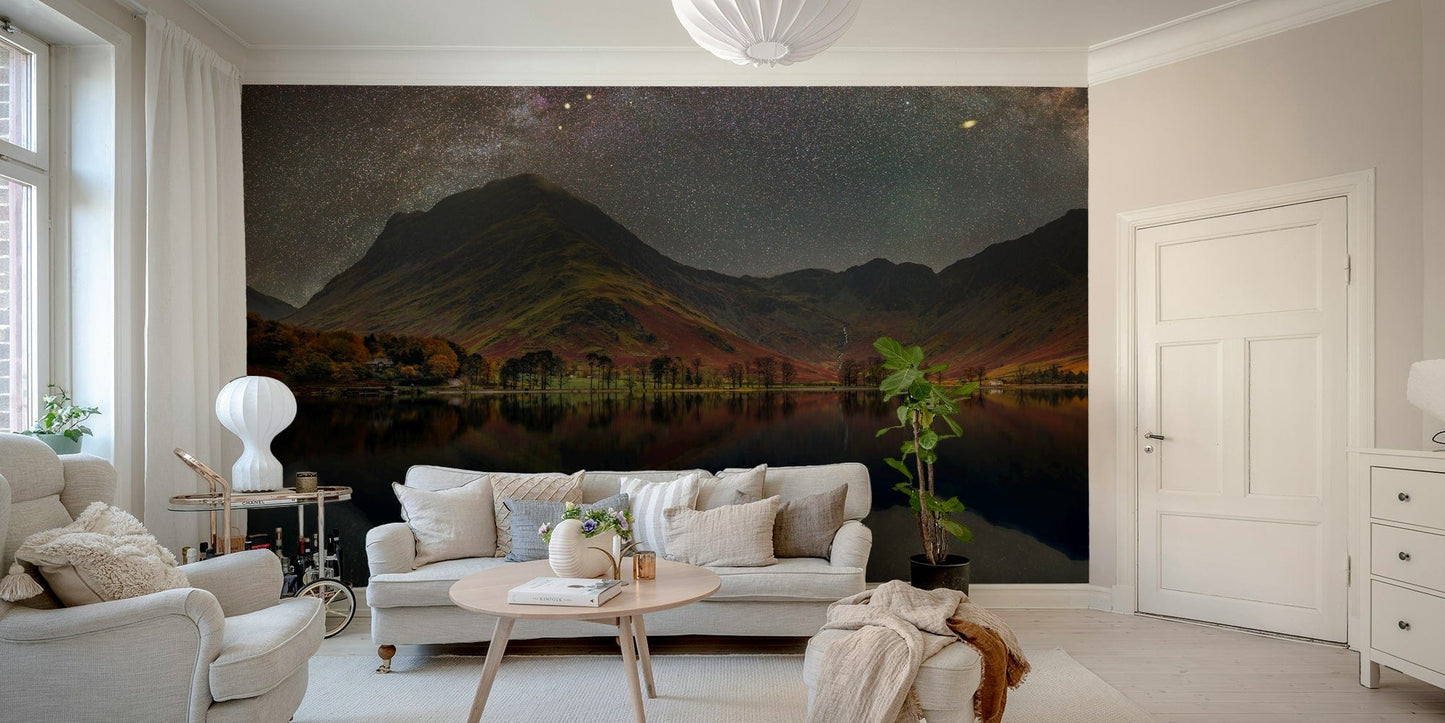 A high-angle view of the wall mural in a large space.

