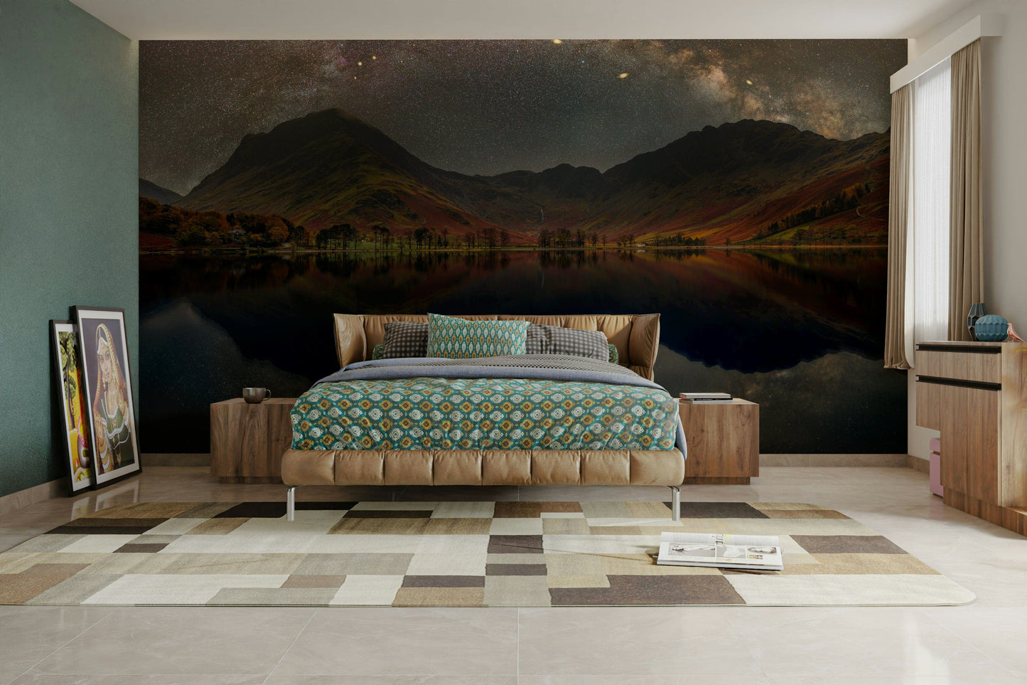 A minimalist interior with the night sky wallpaper.

