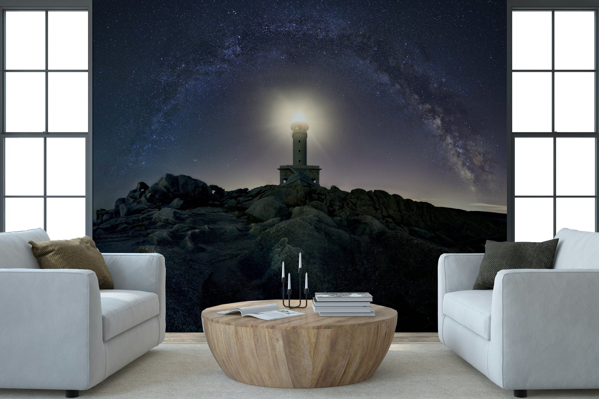 Celestial Beacon Wall Mural — luminous lighthouse and cosmic skies creating a serene ambiance.