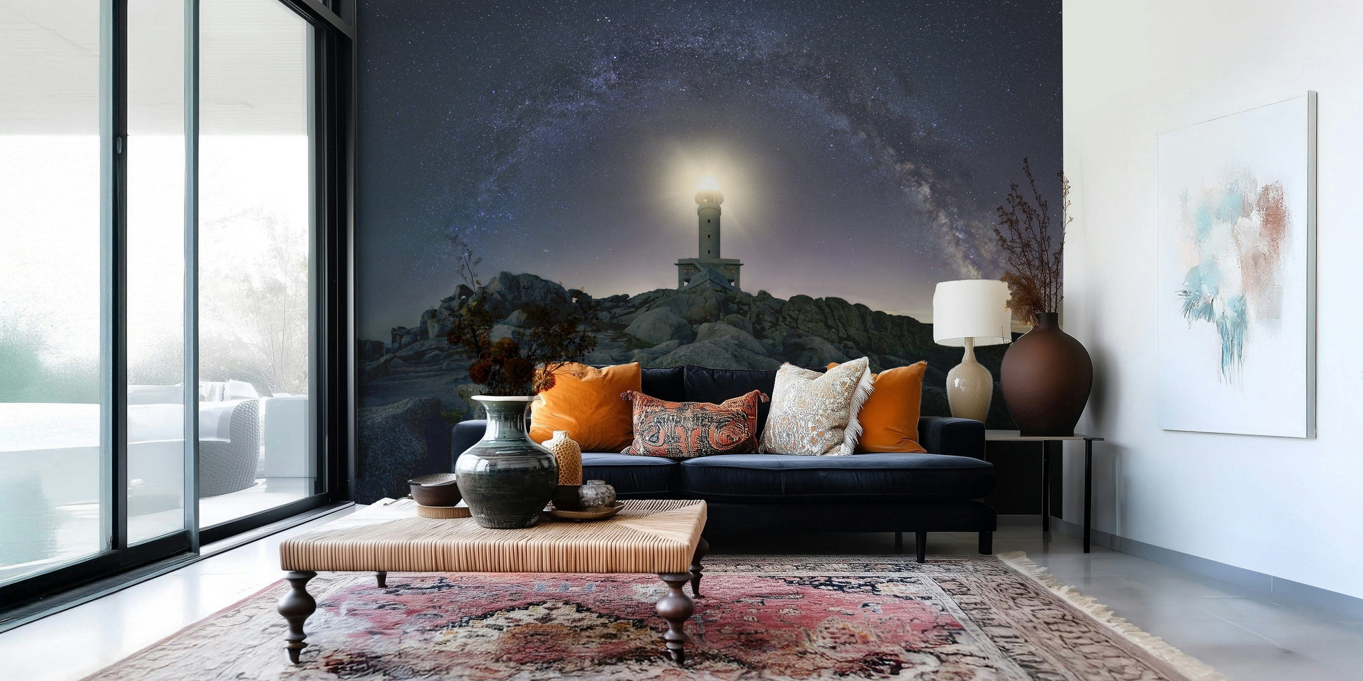 Wallpaper depicting a lighthouse with beams of light reaching across a celestial night sky.