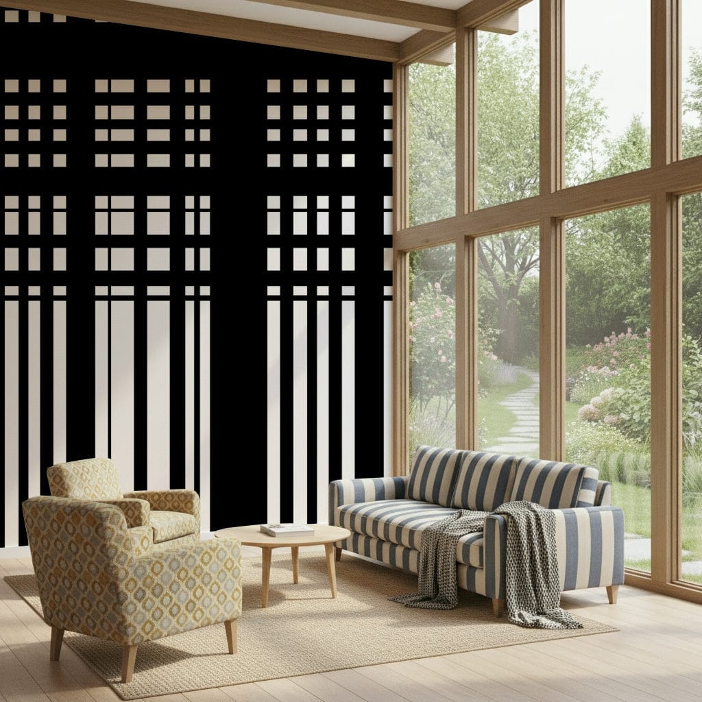 Minimal Black & White Stripes wall mural behind a striped blue sofa and patterned armchair in a garden sunroom