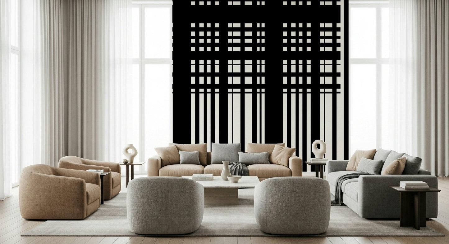 Minimal Black & White Stripes wall mural behind beige and grey sofas by tall draped windows in a living room