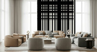 Minimal Black & White Stripes wall mural behind beige and grey sofas by tall draped windows in a living room