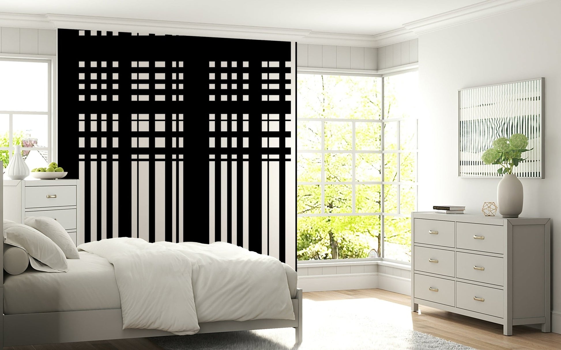 Minimal Black & White Stripes wall mural behind a white bed and grey dresser by bright bay windows in a bedroom