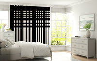 Minimal Black & White Stripes wall mural behind a white bed and grey dresser by bright bay windows in a bedroom