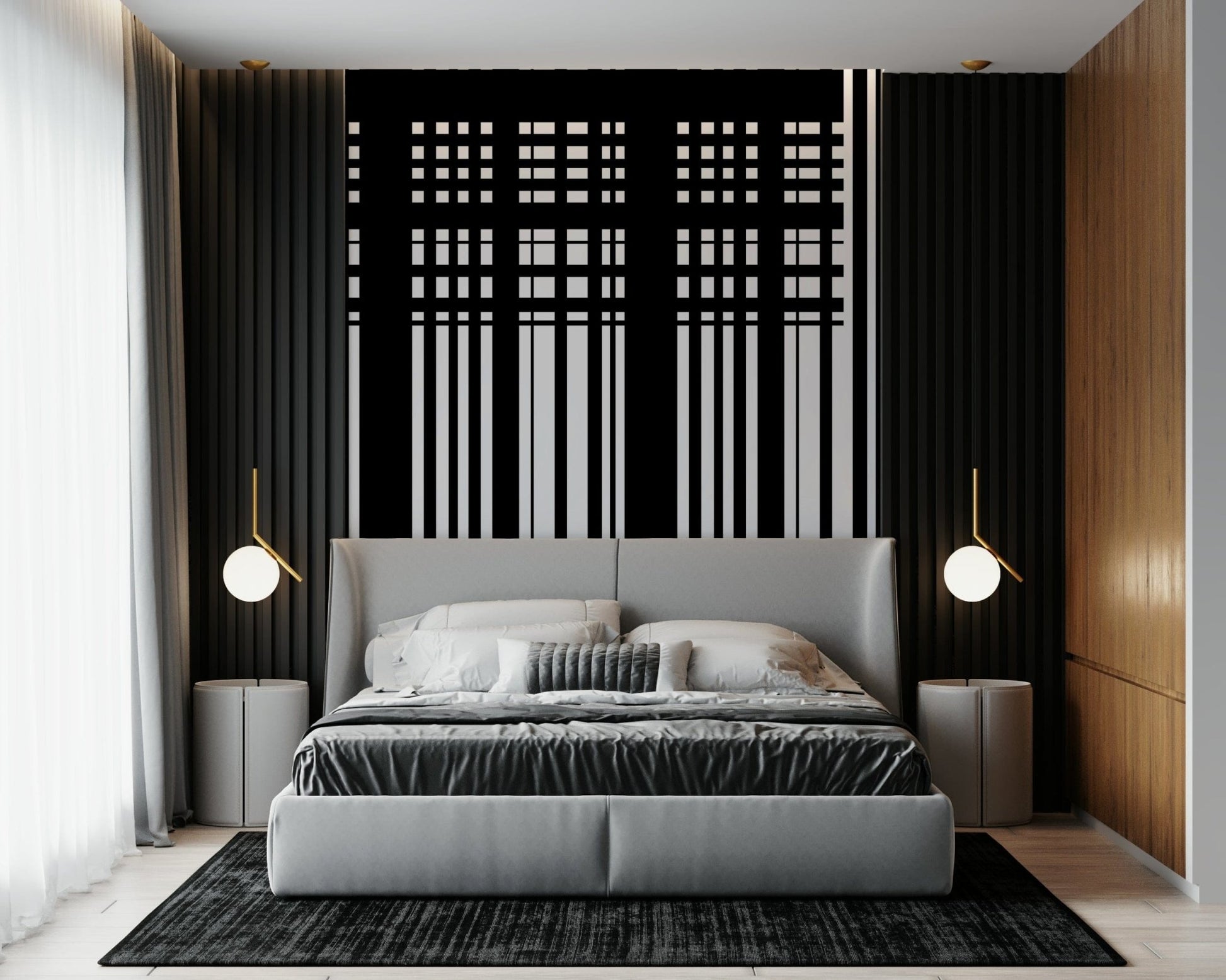 Minimal Black & White Stripes wall mural behind a grey upholstered bed framed by black slat walls in a bedroom